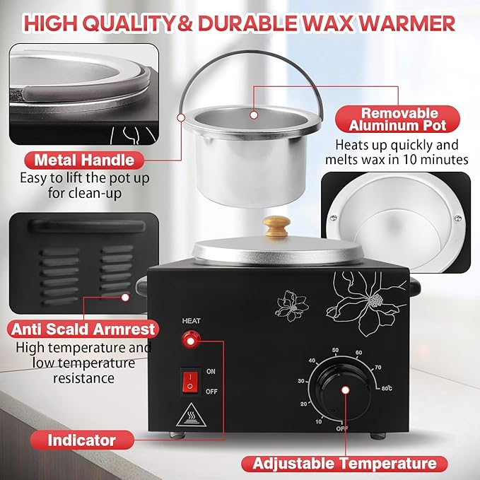 600ML Wax Warmer Machine for Hair Removal - Professional Electric Wax Heater with Adjustable Temperature, Silicone Bowl, and 20 Wooden Wax Sticks for Women and Men
