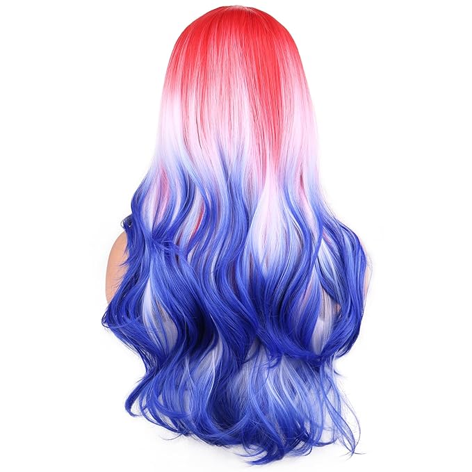 BERON 4th of July Long Wavy Wigs for Women Girls Red White and Blue Natural Curly Wig Flag Heat Resistant Synthetic Hair Wigs for Cosplay Party Costume