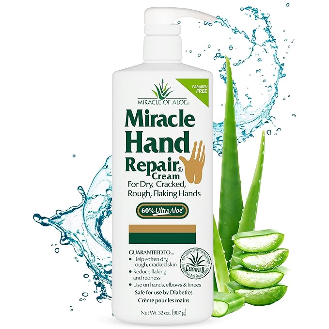 Miracle of Aloe Miracle Hand Repair Cream 32 oz Healing Aloe Vera Lotion for Dry, Cracked Hands with 60% Ultra Aloe Gel - Moisturizes, Softens, and Repairs - Non-Greasy, Lightly Scented