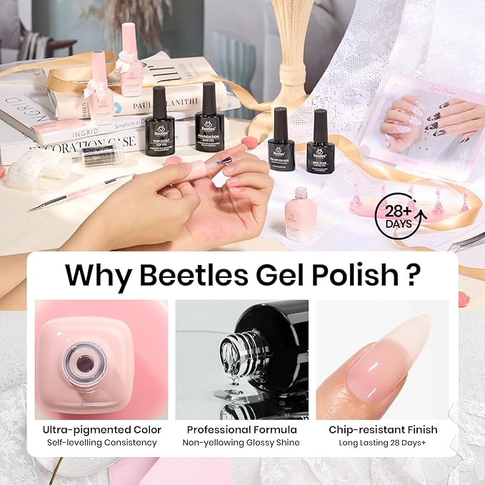 Beetles Christmas Gift Gel Nail Polish Set, Wedding Nail Lace Poem Beetles X DIY Nail Trend Kit with Bow Pearl Lace Transfer Stickers and Manicure Tools Gifts for Women