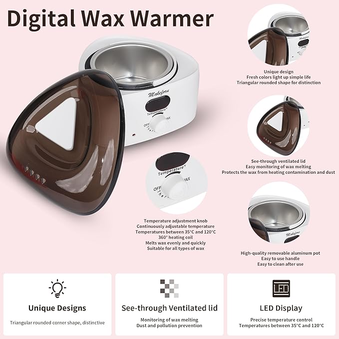 Brazilian Waxing Kit - Bikini & Full Body Hair Removal with Digital Warmer, 4 Scented Wax Beads & 33 Silicone Tools - Home Waxing for Women & Men, Face & Body Care (White)