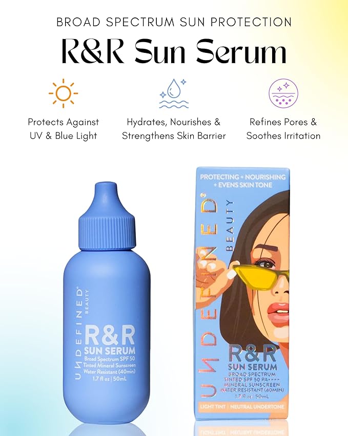Undefined Beauty R&R Sun Serum SPF 50 – Tinted Mineral Sunscreen with Niacinamide, Broad Spectrum Protection & Blue Light Defense (Light Tint/Neutral Undertone)