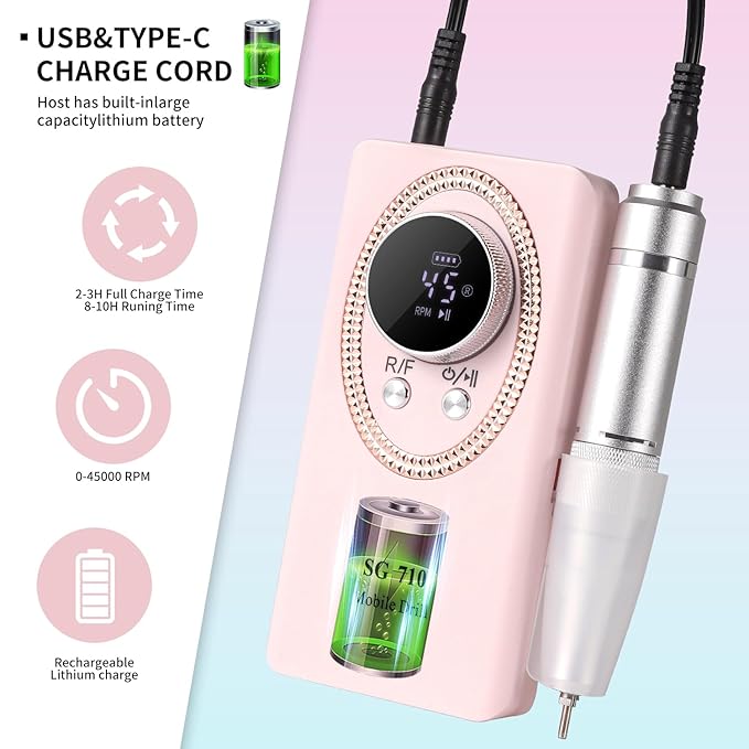 LimeGirl Electric Nail Drill Professional for Acrylic Nail Kit, Portable Electric Manicure Pedicure Polishing Set with 13 in 1 Nail Drill Bits Kit, 2024 Upgraded Electric Nail File 45000RPM (Pink)