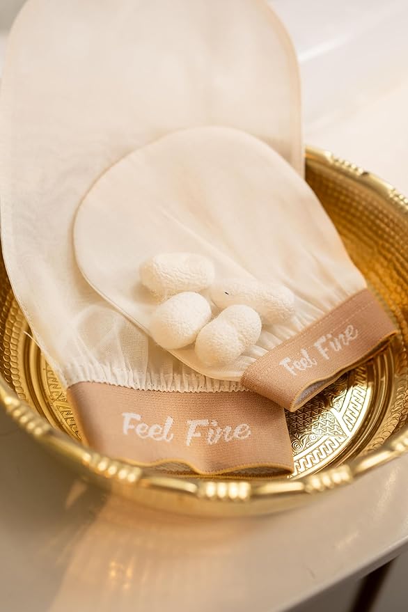 Feel Fine Turkish Exfoliating Mitt Set – 100% Raw Silk Hammam Kese Glove for Men & Women | Handcrafted Turkish Skin Peeling Scrubber Bath & Sauna Exfoliator (Feel Fine)