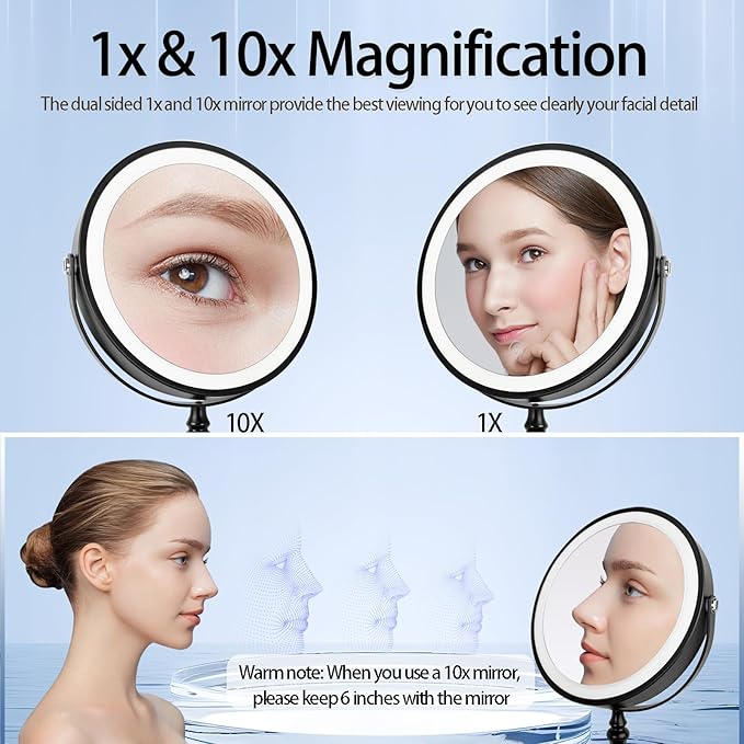 9" Lighted Makeup Mirror, 1X/10X Magnifying Mirror with Lights, Double Sided Vanity Mirror with Lights, 3 Color Dimmable Makeup Mirror with Light (Black)
