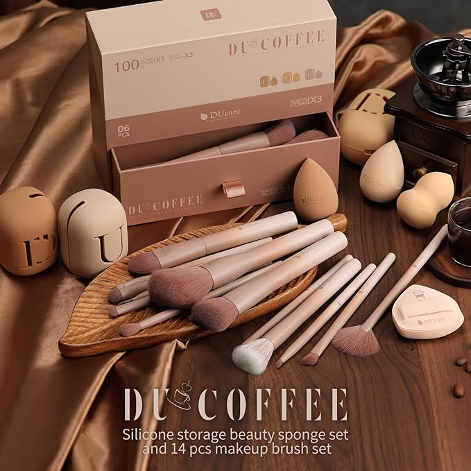 DUcare Makeup Brushes 14Pcs Coffee Series Makeup Brush set with Makeup Sponges Valentines Day Christmas Gifts Foundation Blending Face Powder Blush Eye Shadows Brushes