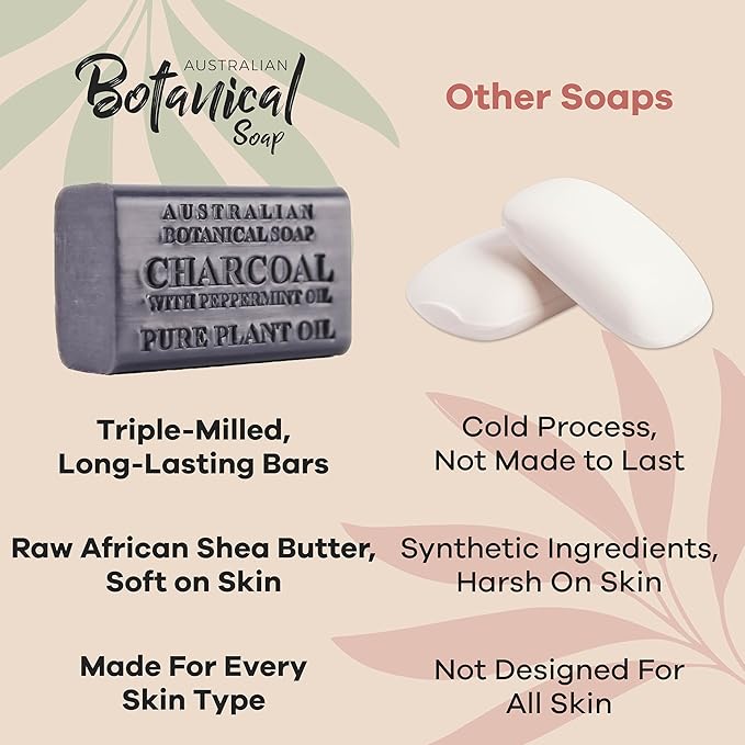 Australian Botanical African Black Soap with Activated Charcoal and Peppermint Oil 6.6 oz, Pack of 8 Activated Charcoal Soap with Raw Organic Shea Butter, for All Skin Types