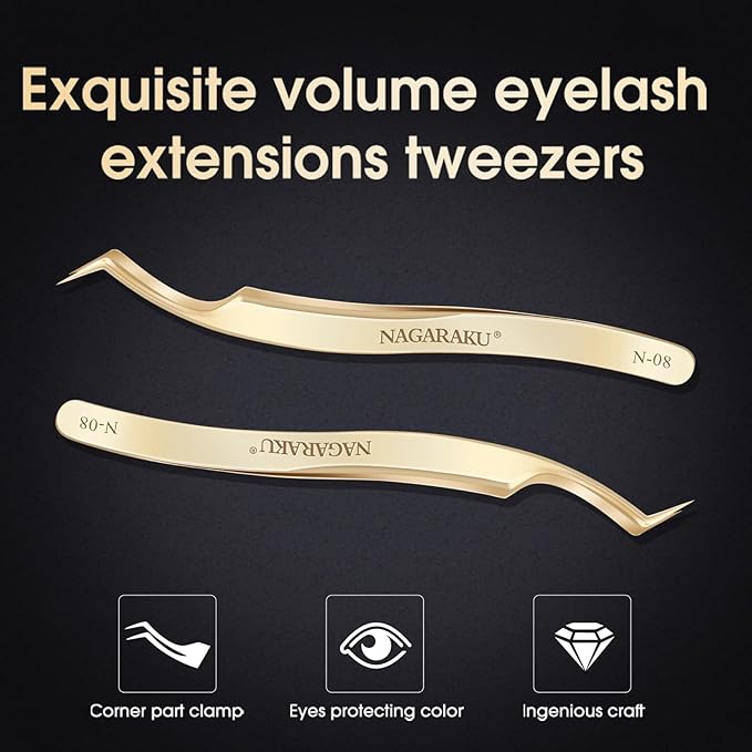 NAGARAKU Eyelash Extensions Tweezers for make Fans Curved Individual Mega Volume Lashes Precision Stainless Steel Professional (N-08)