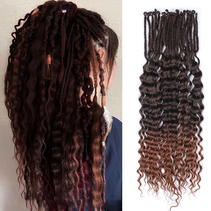 24 In 30 Strands Curly Dreadlock Extensions, Ombre Auburn Synthetic Single Ended Dreads Extensions, 100% Handmade Dreads Hippie Style Dreadlocks for Woman