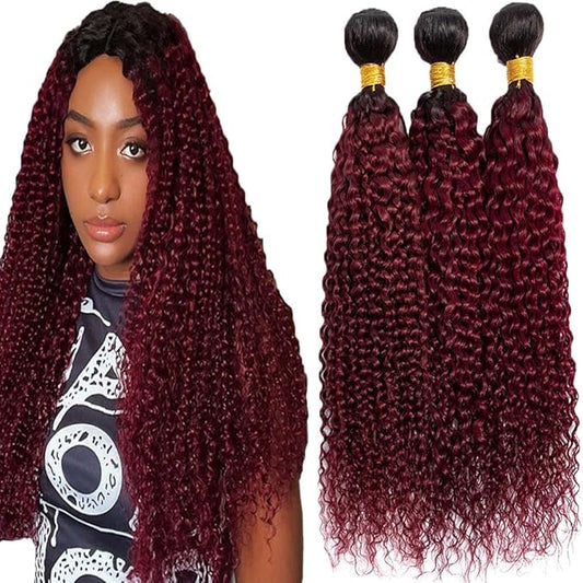 Ombre Burgundy Deep Curly Human Hair Bundles 1B99j Kinky Curly Bundles Black and Wine Red Two Tone Brazilian Human Hair Extensions Soft and Silky for Black Women 18 20 22 Inch