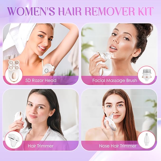 Electric Razors for Women - Painless Body Shavers for Sensitive Skin - 4 in 1 Cordless Lady Trimmer for Women's Leg, Bikini and Face - Waterproof Wet/Dry Remover, Rechargeable, Gold