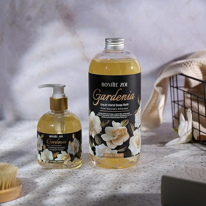 Hand Soap Refills, Gardenia Liquid Hand Soap, Large 750 ML / 26 FL OZ Bottles (Pack of 3), Gentle & Moisturizing Formula, Natural & Cruelty-Free for Kitchen & Bathroom Soap Dispensers