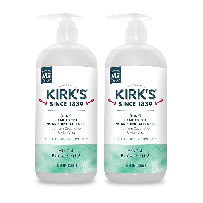 Kirk's 3-in-1 Head to Toe Nourishing Liquid Cleanser - for Men, Women, & Children - Premium Coconut Oil & Aloe Vera - Non GMO & Vegan - Mint and Eucalyptus - 32 Fl Oz. 2 pack