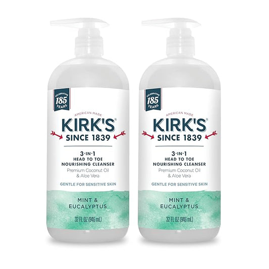 Kirk's 3-in-1 Head to Toe Nourishing Liquid Cleanser - for Men, Women, & Children - Premium Coconut Oil & Aloe Vera - Non GMO & Vegan - Mint and Eucalyptus - 32 Fl Oz. 2 pack