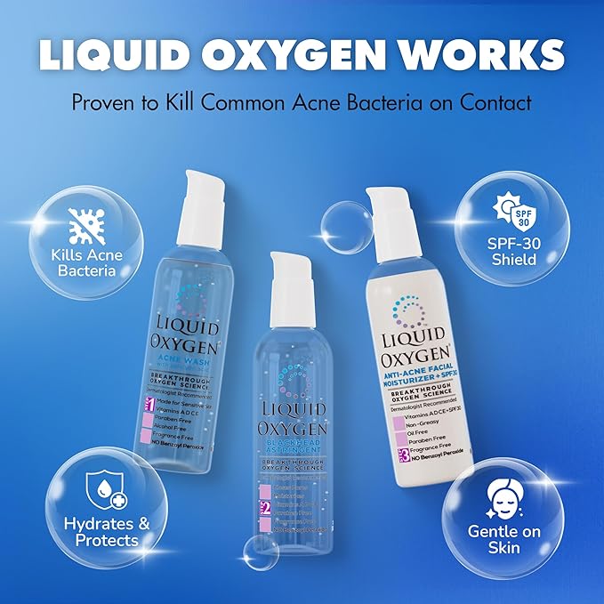Liquid Oxygen Acne Treatment System for Acne-Prone Skin | Oxygen-Infused | Cleansing Wash, Blackhead Astringent & Hydrating Moisturizer | Blemish Control & Pimple Treatment | Dermatologist-Recommended