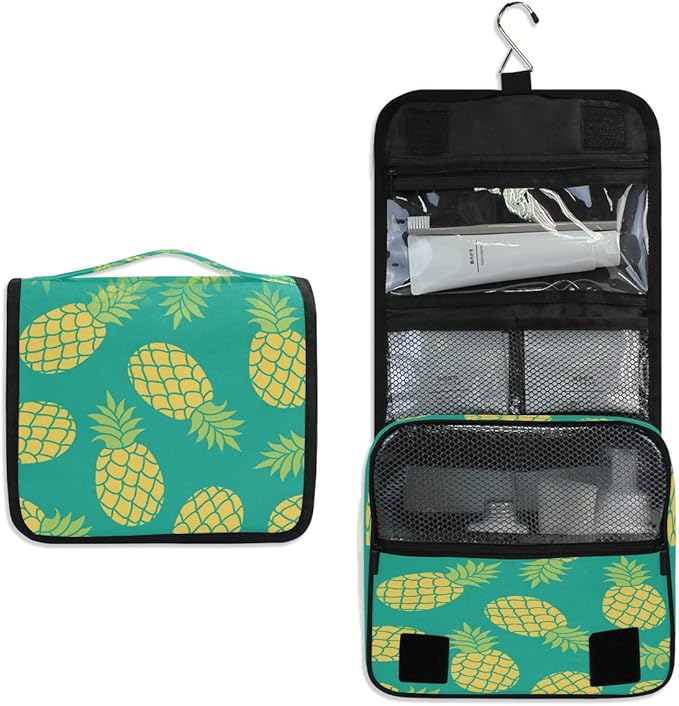 Hanging Toiletry Bag Tropical Fruit Pineapple Pattern Portable Travel Cosmetic Makeup Bag Bathroom Shower Shaving Kit Organizer Bag for Men Women