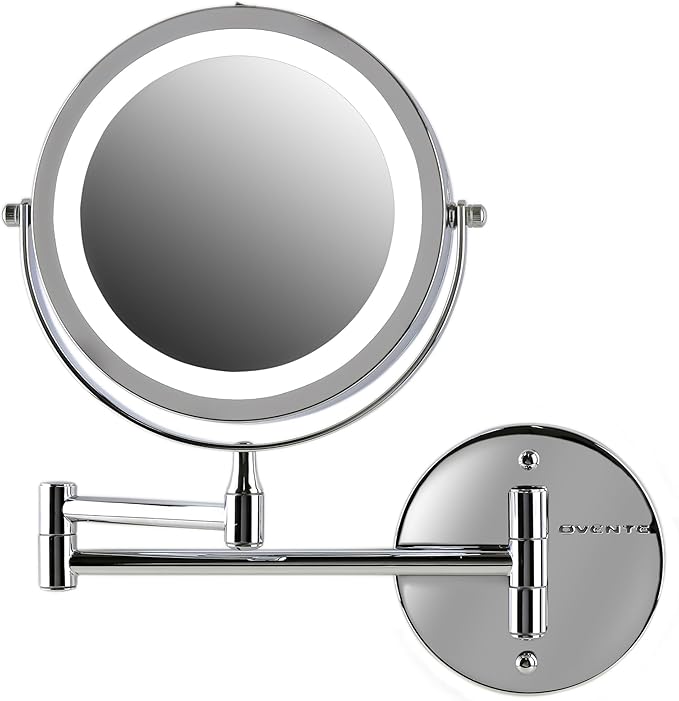 OVENTE 7" Lighted Wall Mount Makeup Mirror with 1X/7X Magnification, Cordless Double Sided Magnifying Round Vanity Mirror, 360° Swivel Design, Extendable and Folding Arm, Polished Chrome MFW70CH1X7X