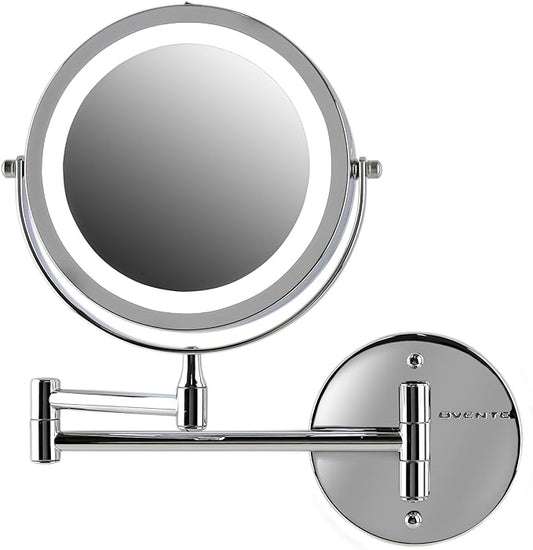 OVENTE 7" Lighted Wall Mount Makeup Mirror with 1X/7X Magnification, Cordless Double Sided Magnifying Round Vanity Mirror, 360° Swivel Design, Extendable and Folding Arm, Polished Chrome MFW70CH1X7X