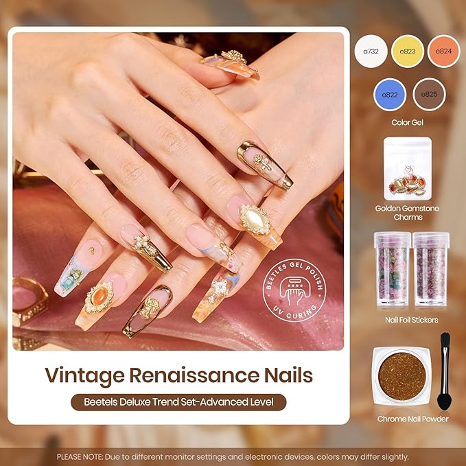 Beetles X DIY Nail, Goddess Revival Gel Nail Polish Kit 5 Color Brown Blue White Uv Gel Polish with 160pcs Nail Tips Golden Gemstone Charms Nail Foil Stickers Nail Decors Manicure Gifts for Girls