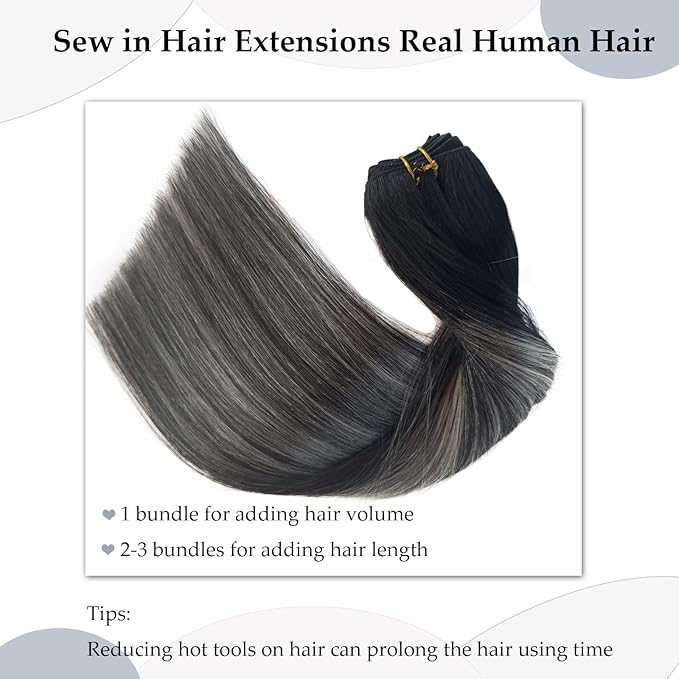 Sew in Bundles Hunan Hair Weft Extensions 22 Inch Ombre Natural Black Balayage Silver Grey Highlights Hair Extensions Real Human Hair Sew in 120G Hand Tied Weft Human Hair Bundles Weave Extensions