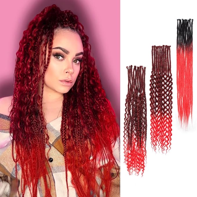 24 Inch 30 Strands SE Dreadlock Extensions Sets，3 In 1 Mixed Synthetic Dreads Extensions, Ombre Deep red Straight&Curly&Boho Handmade Dreads Hippie Style Dreadlocks for Woman