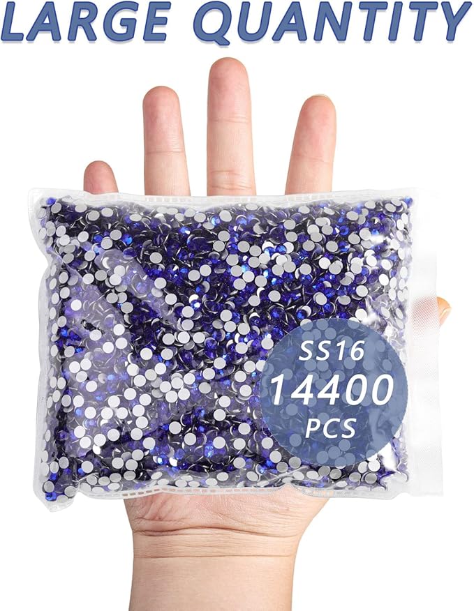 Beadsland Flatback Rhinestones Bulk,14400pcs Royal Blue Rhinestones for Nails Crafts Clothes DIY Decoration, Sapphire, SS16, 3.8-4.0mm