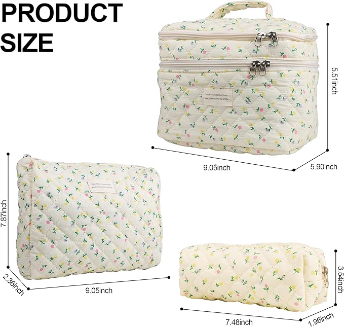 Dual Layer Cute Makeup Bag for Women(3 Pcs), Quilted Floral Coquette Aesthetic Make up Bags, Travel Cosmetic Bags Toiletry Organizer Bag(Hot Pink Flowr)