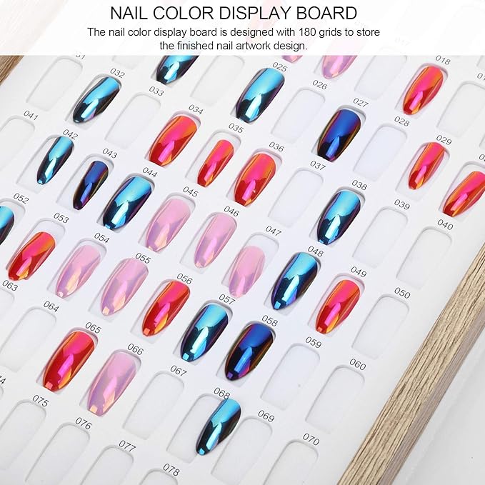 180 Colors Nail Color Display Book - Wood Nail Gel Polish Display Book False Nail Tip Display Board Reusable Nail Practice Design Board Nail Color Swatches Color Design Chart Card (01)