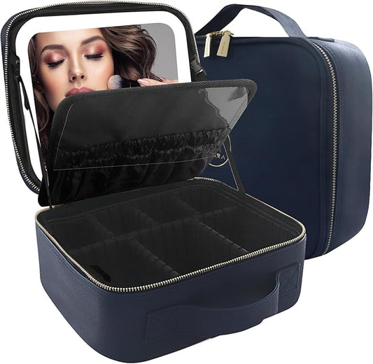 MOMIRA Travel Makeup Bag Cosmetic Bag Makeup Organizer Bag with Lighted Mirror, Adjustable Brightness in 3 Color Scenarios, Waterproof Makeup Train Case, Gift for Women - Royal Blue
