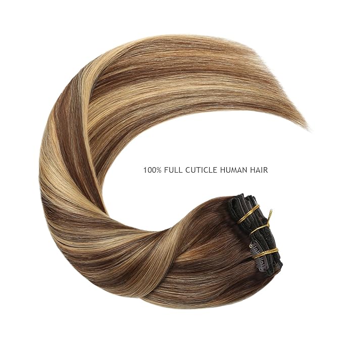 YILITE Clip in Hair Extensions Human Hair #4/27/4 Balayage Chocolate Brown to Caramel Blonde Silky Remy Human Hair Double Weft Straight Real Hair Extensions Clip ins Thick 18 inch 8Pcs 120Gram/Pack
