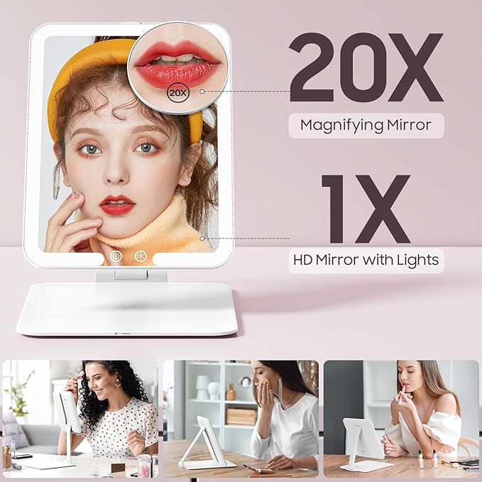 Benbilry Foldable Travel Makeup Mirror with Lights and 20X Magnification, Rechargeable Tabletop LED Vanity Mirror with Adjustable Stand, 3-Colored Dimmable Lighting, Portable Cosmetic Mirror, White