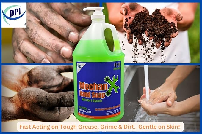 DPI MechanX Hand Soap, heavy duty, non abrasive, fast acting on grease, grime, and dirt. Gentle on hands, non drying or chapping for everyday use.. 1 Gallon with pump