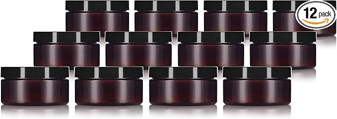 8 oz Amber PET Plastic Refillable Low Profile Jar Black Smooth Lid (12 pack)