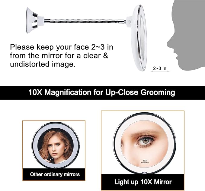 10x Magnifying Mirror with Light, Flexible Gooseneck Make up Mirror with Lights and Magnification, Battery Operated Cordless Magnified Mirror with Suction Cups for Wall Bathroom