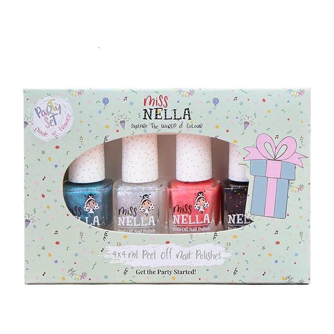 Miss Nella PARTY COLLECTION Glitter Nail Polish for kids, set of 4: black, clear, blue & coral Peel-off varnish for toddlers