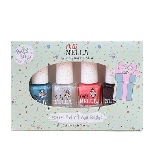 Miss Nella PARTY COLLECTION Glitter Nail Polish for kids, set of 4: black, clear, blue & coral Peel-off varnish for toddlers