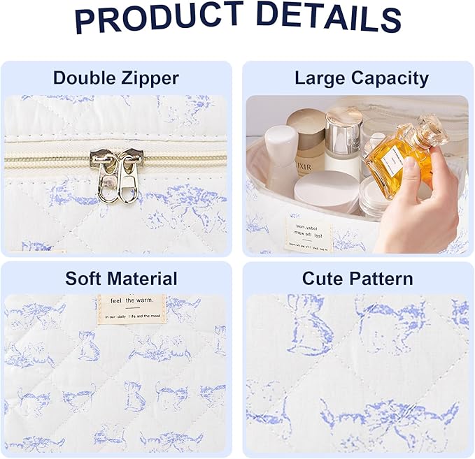 3Pcs Makeup Bag Cotton Quilted Travel Cosmetic Bag Cute Floral Makeup Pouch Large Toiletry Bag for Women Girls (Blue cat)