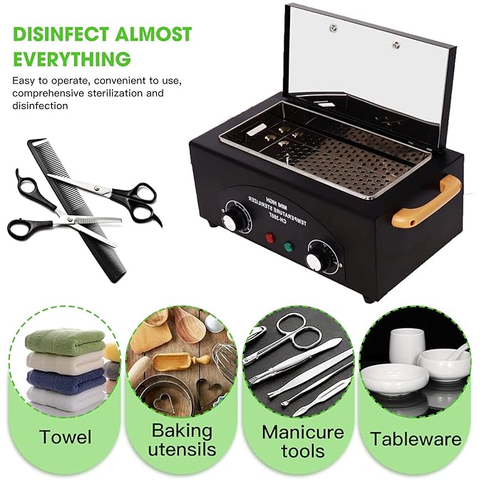 Sterilizer for Nail Tools 1.5L 110V 300W High Temperature Metal Clean Box with Adjustable Timer Temperature Sterilizer Cabinet for Manicure SPA Salon Metal Hairdressing Tool Equipment(black)