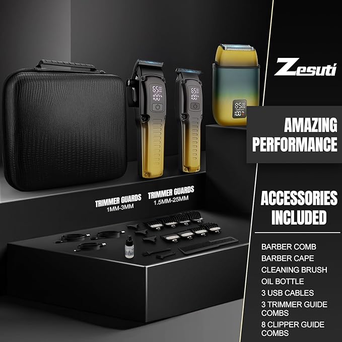 Professional Barber Hair Clippers Trimmer Shaver Set for Men,Cordless Hair Cutting Kit & Zero Gap T-Blade Trimmer & 8500 RPM Electric Shaver Combo with EVA Case,Mens Gift