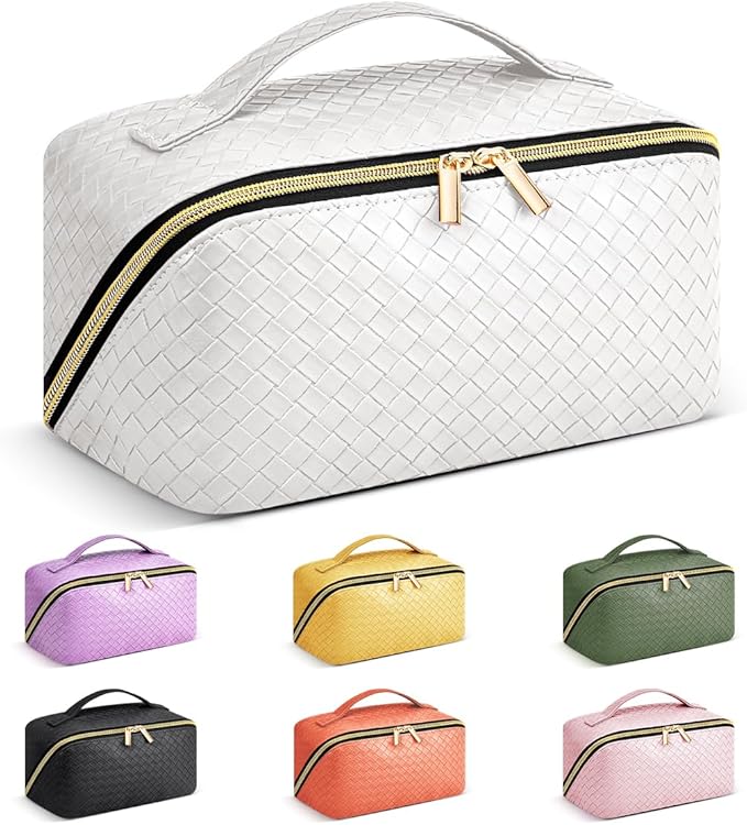 Travel Makeup Bag: Large Capacity Cosmetic Bag for Women, Portable PU Leather Waterproof Stuff Bag With Handle and Divider Flat Lay Makeup Pouch Toiletry Bag Birthday Gift for Women - White