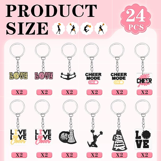Olgaa 48 PCS Cheerleader Gifts: 24 PCS Cheer Bags & 24 Black Cheer Keychains