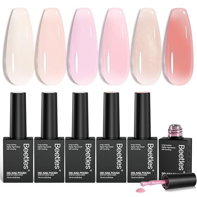 Beetles Jelly Gel Nail Polish Set, 6 Colors Nude Pink Gel Polish Kit Neutral Shimmer Translucent Sheer Gel Soak off Uv Nail Concealer Peach Juice Collection French Nail Art Manicure Gift for Women