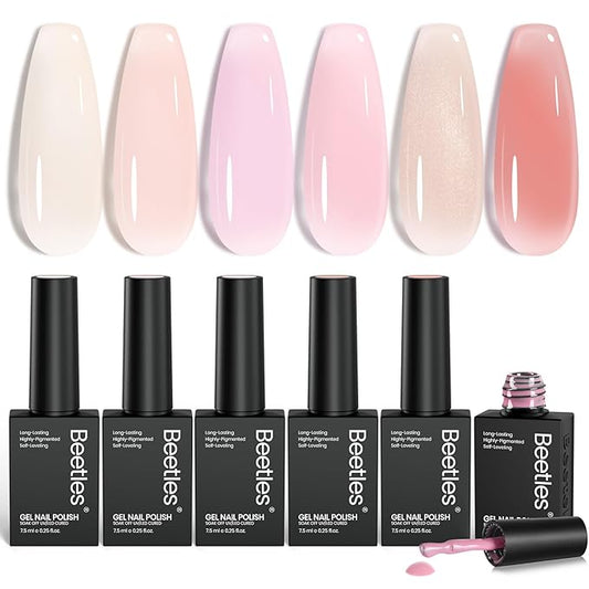 Beetles Jelly Gel Nail Polish Set, 6 Colors Nude Pink Gel Polish Kit Neutral Shimmer Translucent Sheer Gel Soak off Uv Nail Concealer Peach Juice Collection French Nail Art Manicure Gift for Women