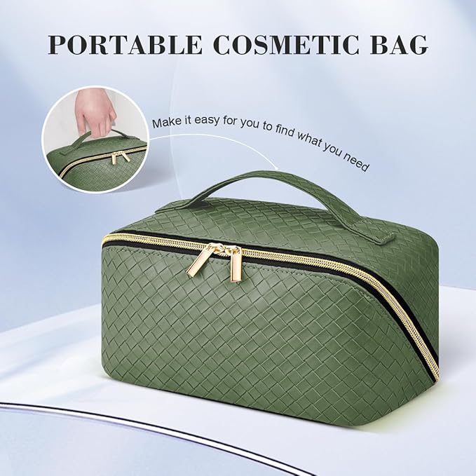 Travel Makeup Bag: Large Capacity Cosmetic Bag for Women, Portable PU Leather Waterproof Stuff Bag With Handle and Divider Flat Lay Makeup Pouch Toiletry Bag Birthday Gift for Women - Green