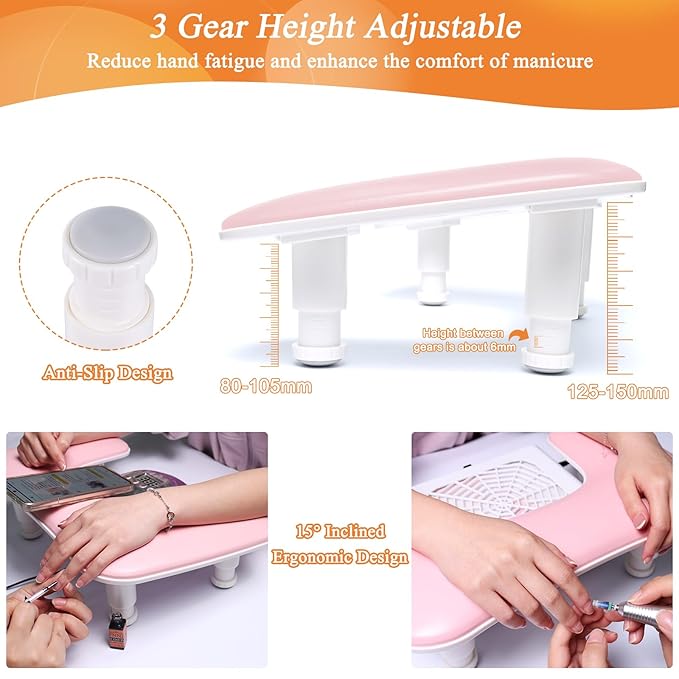 Arm Rest for Nails Tech, 3 Height Adjustatle Nail Arm Rest Stand, U Shaped Manicure Hand Rest, Soft PU Leather Fabric for Manicurists Nail Salon Supplies - Pink