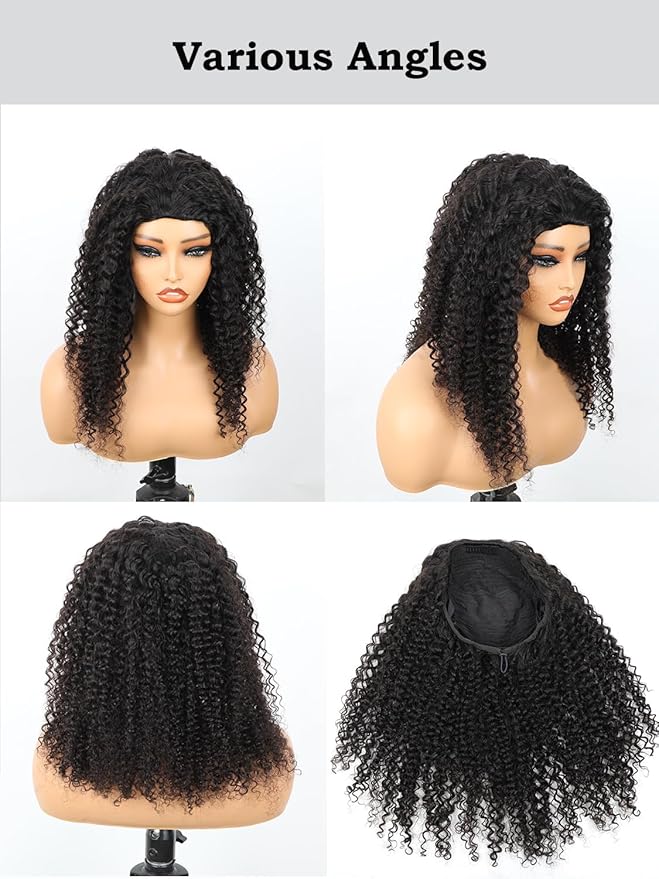 ISEE Glueless Wigs Human Hair Headband Wig Upgrade 3 IN 1 Half Wig With Drawstring Seamless Clip Ins Flip Over Kinky Curly Human Hair No Glue No Lace Wig For Women 180% Density 18 Inch