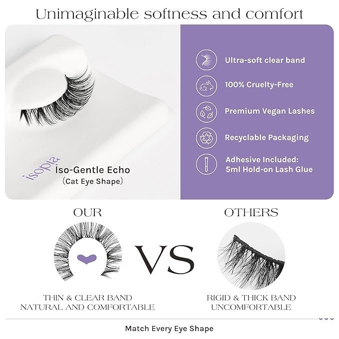 False Eyelashes, Ultra Soft Clear Band Lashes Wispy, Reusable Strip Lashes, Natural Lashes 1s Wearing Starter Friendly Kit (ECHO)