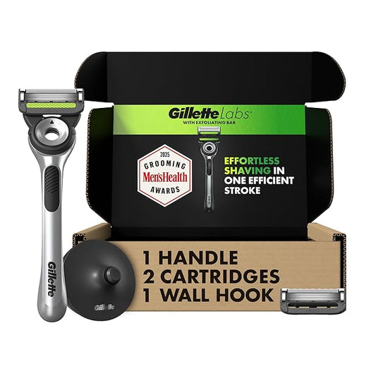 Gillette Labs with Exfoliating Bar by Men's Razor Set, 1 Shower Hook, Handle, 2 Blade Refills, Silver and Black, Razors for Men, Mens