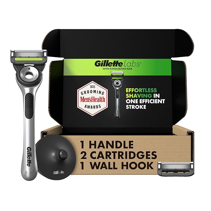 Gillette Labs with Exfoliating Bar by Men's Razor Set, 1 Shower Hook, Handle, 2 Blade Refills, Silver and Black, Razors for Men, Mens