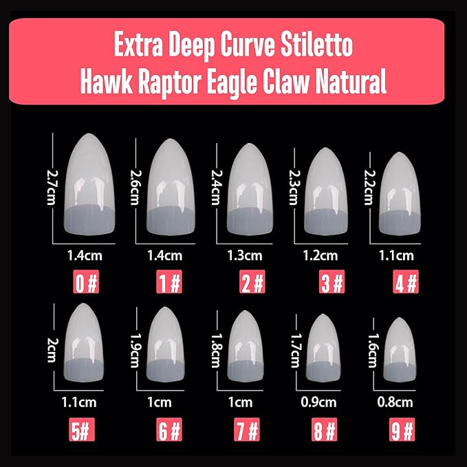 500 pcs Half Cover Hawk Curved Raptor Eagle Claw Extra Super Extreme Deep Curve Stiletto False Nail Extension Tips Natural Color Acrylic Nail 10 Sizes for Halloween Art Salon In Bag